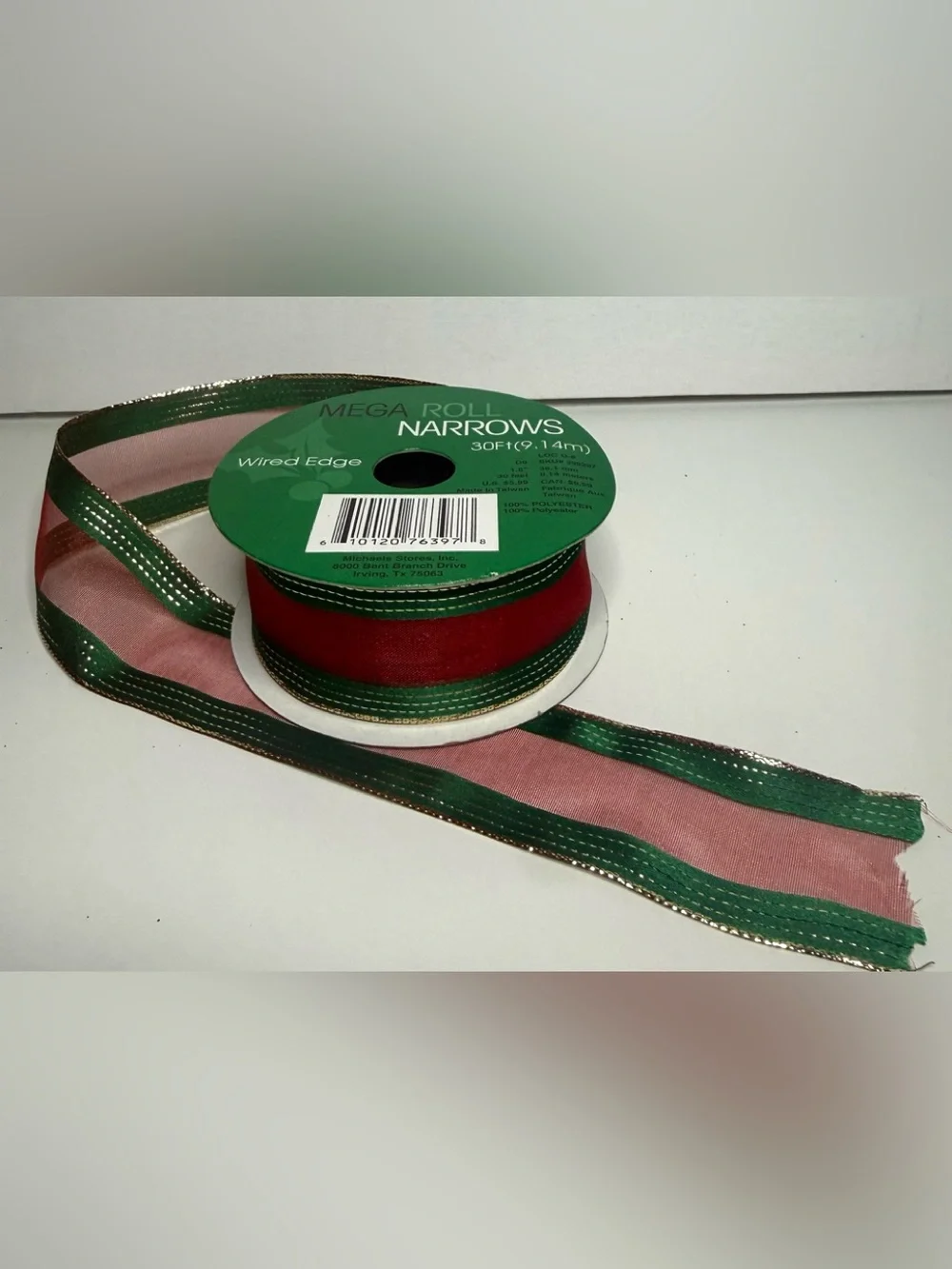 Mega Roll Narrows Wired Edge Ribbon - Green & Red with Gold Trim